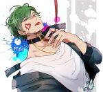  1boy amaha_reiji black_collar black_jacket character_name collar green_hair heart heart_on_cheek jacket leash long_sleeves looking_at_viewer male_focus red_eyes ruigin shirt short_hair solo tongue tongue_out tsukino_talent_production tsukipro white_shirt 