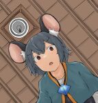  1girl animal_ear_fluff animal_ears blue_capelet brown_eyes capelet ceiling ceiling_light chagamaka commentary crystal from_below frown grey_hair jewelry mouse_ears mouse_girl nazrin necklace open_mouth pendant pov solo touhou upper_body 