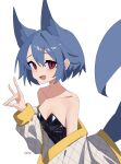  1girl :d absurdres animal_ear_fluff animal_ears bangs bare_shoulders black_leotard blue_hair blush breasts collarbone fox_shadow_puppet hair_between_eyes highres leotard long_sleeves looking_at_viewer myakuroekako off_shoulder open_clothes original red_eyes simple_background small_breasts smile solo strapless strapless_leotard tail tail_raised white_background 