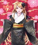  1girl 2023 asa_no_ha_(pattern) bangs black_bow black_kimono blonde_hair bow egasumi fate_testarossa fur_scarf furisode hair_bow happy_new_year highres japanese_clothes kimono long_hair long_sleeves looking_at_viewer lyrical_nanoha mahou_shoujo_lyrical_nanoha_strikers nengajou new_year obi open_mouth print_kimono red_eyes sakuramon sash shadow smile solo sougetsu_izuki standing tassel translated twintails very_long_hair wide_sleeves 