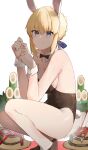  1girl absurdres animal_ears artoria_pendragon_(fate) bangs bare_shoulders black_leotard blonde_hair blue_eyes blush bow bowtie breasts brown_footwear cleavage closed_mouth detached_collar fake_animal_ears fake_tail fate_(series) hairband highres kadomatsu leotard looking_at_viewer mefuyaka playboy_bunny rabbit_ears rabbit_tail saber shoes short_hair simple_background small_breasts solo squatting tail white_background wrist_cuffs 