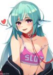  1girl absurdres animal_ears bangs bare_shoulders blush breasts c_turtle cleavage collar collarbone english_commentary finana_ryugu fish_girl green_hair head_fins heart heart-shaped_pupils highres leash licking_lips long_hair looking_at_viewer medium_breasts navel nijisanji nijisanji_en off_shoulder profanity purple_eyes red_collar simple_background slut_shirt smile solo speech_bubble spoken_heart sports_bra stomach strap_slip sweat symbol-shaped_pupils tongue tongue_out twitter_username upper_body viewer_holding_leash virtual_youtuber white_background 