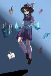  1girl absurdres bag blue_background book bookmark bow bowtie brown_hair bubble_tea cellphone fedora full_body glasses gloves hat highres kneehighs loafers low_twintails open_book phone psychic purple_shirt purple_skirt school_bag school_uniform shirt shoes short_sleeves short_twintails skirt smartphone socks strong_anus telekinesis touhou twintails usami_sumireko 