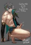  1boy alhaitham_(genshin_impact) artist_name barefoot blue_eyes commentary commission english_commentary english_text genshin_impact grey_background grey_hair highres laovaan male_focus penis precum short_hair shoulder_cape simple_background sketch solo squatting toned toned_male tongue tongue_out 