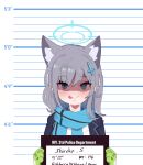  1girl :p absurdres animal_ear_fluff animal_ears bangs blue_archive blue_eyes blue_scarf blush character_name english_text gloves green_gloves grey_hair hair_between_eyes hair_ornament halo height_chart highres holding holding_sign jacket long_hair long_sleeves looking_at_viewer lulubelleiii mismatched_pupils mugshot scarf shaded_face shiroko_(blue_archive) sign solo tongue tongue_out upper_body x_hair_ornament 