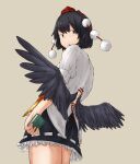  1girl ass back_cutout black_hair black_wings book brown_eyes chagamaka clothing_cutout commentary cowboy_shot flat_ass from_side hat highres holding holding_book low_wings pom_pom_(clothes) ribbon-trimmed_skirt ribbon_trim shameimaru_aya solo tokin_hat touhou wings 
