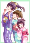  3girls bangs black_hair blue_kimono blunt_bangs brown_hair feet_out_of_frame gokou_hinata gokou_ruri gokou_tamaki highres japanese_clothes kimono long_hair looking_at_viewer mole mole_under_eye multiple_girls one_eye_closed ore_no_imouto_ga_konna_ni_kawaii_wake_ga_nai pink_kimono ponytail purple_eyes purple_kimono red_eyes short_hair siblings simple_background sisters smile striped striped_kimono takatsuki_akira white_background yukata 