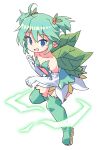  1girl :d ahoge aqua_hair bangs bare_shoulders blue_eyes boots collarbone commentary_request elbow_gloves full_body gloves green_footwear green_wings hair_between_eyes highres konoha_(shinrabanshou) leaf_wings looking_at_viewer pointy_ears roku_no_hito shinrabanshou simple_background smile solo strapless thigh_boots twintails white_background white_gloves wings 