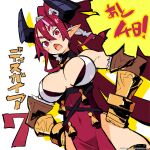 1girl bare_shoulders breasts cleavage commentary_request demon_girl demon_horns disgaea elbow_gloves fang fang_out gauntlets gloves harada_takehito higan_zesshousai highres horns long_hair looking_down makai_senki_disgaea_7 official_art open_mouth pelvic_curtain pointy_ears ponytail red_eyes red_hair very_long_hair 