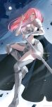  1girl absurdres armor blue_eyes from_side glint highres holding holding_sword holding_weapon jiu_yue_(tou_xing_jiuyue_tian) knight long_hair moon navel night parted_lips pink_hair reverse_grip second-party_source shoulder_guard solo sword teeth thighs tou_xing_jiuyue_tian weapon xiao_yu_nan_gua 