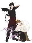  2boys absurdres angel_wings black_hair brothers brown_eyes brown_hair demon_boy demon_horns demon_tail demon_wings feathered_wings full_body halo highres horns kizuku_futaba kizuku_issa looking_at_viewer luchan_lucia male_focus multiple_boys red_eyes short_hair siblings tail trick_or_treat tsukino_talent_production tsukipro wings 