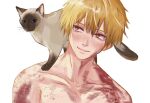  1boy animal_on_shoulder blonde_hair blood blood_on_chest cat cat_on_shoulder chainsaw_man collarbone denji_(chainsaw_man) highres looking_at_another looking_to_the_side short_hair simple_background smile taestymaee topless_male white_background 