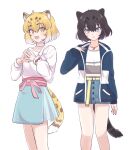  2girls alternate_costume animal_ears belt black_hair black_jaguar_(kemono_friends) blonde_hair blue_eyes blue_jacket blue_skirt blush casual choker commentary_request denim denim_skirt highres jacket jaguar_(kemono_friends) jaguar_ears jaguar_girl jaguar_print jaguar_tail jewelry kemono_friends long_sleeves looking_at_viewer miniskirt multicolored_clothes multicolored_hair multicolored_jacket multiple_girls necklace open_clothes open_jacket open_mouth pink_belt puffy_sleeves shirt sidelocks skirt smile tail tmtkn1 two-tone_jacket white_choker white_hair white_jacket white_shirt yellow_belt yellow_eyes 