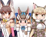  3girls animal_ears bare_shoulders bat_ears bat_girl belt brown_eyes brown_hair brown_long-eared_bat_(kemono_friends) cat_ears cat_girl chipmunk_ears chipmunk_girl elbow_gloves extra_ears gloves grey_hair jungle_cat_(kemono_friends) kemono_friends kemono_friends_v_project leotard long_hair microphone multiple_girls ribbon sesamecat1 shirt short_hair siberian_chipmunk_(kemono_friends) simple_background skirt vest virtual_youtuber 