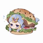  1boy blonde_hair blue_eyes burger chakanyuantu cheese chibi food highres horseshoe johnny_joestar jojo_no_kimyou_na_bouken lettuce looking_at_viewer meat oversized_food shadow simple_background solo steel_ball_run tears white_background 