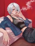  1girl artist_name bed chainsaw_man cigarette denim denim_jacket eyepatch hair_over_shoulder highres holding holding_cigarette jacket long_hair looking_at_viewer ponytail quanxi_(chainsaw_man) smoke smoking solo striped_tank_top taestymaee tank_top 