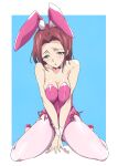  1girl alternate_costume animal_ears bare_shoulders blue_background blue_eyes blush bow bowtie breasts cleavage code_geass collarbone detached_collar fake_animal_ears highres kallen_stadtfeld leotard medium_breasts open_mouth pantyhose pink_leotard pink_pantyhose playboy_bunny rabbit_ears red_bow red_bowtie red_hair short_hair sitting solo umanosuke wariza 