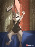  anthro bed belly big_belly big_ears bottomless claws clothed clothing disney female fur furniture genitals grey_body grey_fur hi_res judy_hopps lagomorph leporid link6432 long_ears mammal narrowed_eyes nipple_outline on_bed one_eye_closed pregnant purple_eyes pussy rabbit shirt sitting solo stretching t-shirt topwear waking_up zootopia 