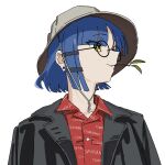  1girl absurdres bangs bespectacled black_jacket blue_hair bocchi_the_rock! closed_mouth ear_piercing glasses glens_sou grey_headwear hair_ornament hairclip hat highres jacket mouth_hold open_clothes open_jacket piercing red_shirt round_eyewear shirt short_hair simple_background solo upper_body white_background yamada_ryou yellow_eyes 