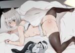  1girl animal_ear_fluff animal_ears ass back bare_shoulders black_panties blush breasts breasts_out brown_eyes brown_thighhighs camisole_lift cat_ears clothes_lift fingerless_gloves from_side full-face_blush furau gloves grey_hair jacket jacket_removed looking_at_viewer looking_to_the_side lying medium_breasts mio_(xenoblade) on_bed on_stomach panties sheet_grab short_hair skindentation skirt skirt_lift solo spread_legs sweat thighhighs thong underwear white_gloves white_jacket xenoblade_chronicles_(series) xenoblade_chronicles_3 