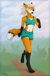  black_body black_fur canid canine clothing dreadlocks eye_scar facial_scar female fox fur green_clothing hair hi_res kaurimoon long_hair mammal orange_body orange_fur running scar solo tail white_body white_fur white_hair yellow_eyes 