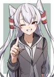  1girl amatsukaze_(kancolle) brown_eyes collarbone commentary_request drawstring grey_jacket grin hair_tubes highres hood hooded_sweater jacket kantai_collection long_hair one-hour_drawing_challenge one_eye_closed smile solo sweater two_side_up umibudou upper_body white_hair white_sweater 