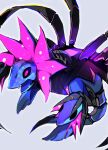  blurry chromatic_aberration commentary_request fang grey_background highres iron_jugulis karasu_mp3 looking_down no_humans open_mouth pink_eyes pokemon pokemon_(creature) skin_fang solo 