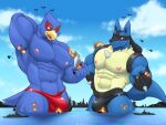  absurd_res aircraft airplane anthro avian bird blue_body blue_fur bulge canid canine city clothing croiyan destruction duo falco_lombardi fur generation_4_pokemon green_eyes hi_res jet lucario macro male mammal muscular muscular_male nintendo pokemon pokemon_(species) red_eyes sea ship speedo star_fox swimwear vehicle water watercraft 