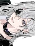  1girl absurdres ancoo_mm barbell_piercing chainsaw_man collar ear_piercing earrings eyepatch highres jewelry long_hair looking_at_viewer piercing quanxi_(chainsaw_man) sideways simple_background smile solo white_background white_hair 