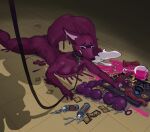  anal_beads anthro aphrodisiac apu_spills_his_nuggies bird&#039;s-eye_view bodily_fluids buttplug canid canine collar condom crying duo egg_vibrator female female/female femgud_(gud) femnewd_(newd) fox goo_creature goop hi_res high-angle_view leash lube_bottle mammal meme newd plug_(sex_toy) potion purple_body sex_toy sexual_barrier_device simple_background tears tray vibrator 