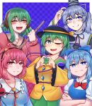  5girls ;d absurdres animal_ears averageairhead bangs black_hairband black_headwear blue_background blue_bow blue_eyes blue_hair blue_shirt bow bowtie checkered_background cirno closed_mouth collared_shirt crossed_arms dog_ears english_commentary fang green_eyes green_hair grey_hair hair_bow hairband hat heart heart_hands highres kasodani_kyouko komeiji_koishi komeiji_satori looking_at_viewer mononobe_no_futo multiple_girls one_eye_closed pink_eyes pink_hair ponytail red_bow red_bowtie shirt short_sleeves smile tate_eboshi third_eye touhou upper_body white_shirt yellow_shirt 