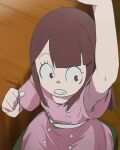 1girl :d arm_up armpits arms_up bangs belt blunt_bangs brown_eyes brown_hair clenched_teeth closed_mouth dress from_above haruyama_kazunori kagari_atsuko little_witch_academia long_hair pink_dress sitting smile solo teeth 