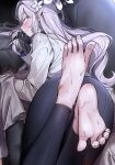 1girl ass barefoot black_gloves blue_archive blush feet flower foot_focus gloves grey_hair grey_shawl hair_flower hair_ornament halo highres himari_(blue_archive) leggings long_hair looking_at_viewer lying mole mole_under_eye nakamura_rohane on_stomach pointy_ears profile shawl smile soles solo sweatdrop toes very_long_hair 