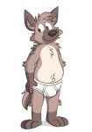  anthro barefoot briefs briefs_only brown_body brown_fur brown_nose bulge clothed clothing feet fur hands_on_hips hi_res hyena male mammal mushketeery shadow simple_background smile solo tighty_whities topless underwear underwear_only white_background white_briefs white_clothing white_underwear 