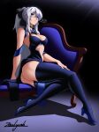  1girl artist_name ass blue_eyes boots bow breasts clothing_cutout fate/grand_order fate_(series) gradient_background hair_bow high_heel_boots high_heels knees_together_feet_apart long_hair looking_at_viewer morgan_le_fay_(fate) ponytail ribbon sitting solo stomach_cutout thigh_boots twisted_torso zealyush 