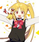  1girl ahoge bangs black_sweater_vest blonde_hair blush bocchi_the_rock! bow bowtie chingling crossover highres huasha1116 ijichi_nijika long_hair long_sleeves looking_at_viewer open_mouth pokemon pokemon_(creature) ponytail red_bow red_bowtie red_eyes school_uniform shimokitazawa_high_school_uniform shirt side_ponytail simple_background solo sparkle sweater_vest triangle very_long_hair white_shirt 