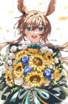  1girl :d absurdres amiya_(arknights) animal_ears arknights blue_flower blue_rose bouquet brown_hair flower highres holding jewelry long_hair narugrm neck_ring petals rabbit_ears rose simple_background smile solo sunflower white_background white_flower white_rose 