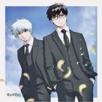  2boys ao_no_exorcist artist_name black-framed_eyewear blue_eyes blue_sky blurry border buttons closed_mouth collared_shirt cowboy_shot day dress_shirt formal glasses grey_jacket grey_necktie grey_pants grey_suit grey_vest hands_in_pockets highres jacket lapels long_sleeves looking_at_viewer male_focus multiple_boys necktie notched_lapels okumura_rin okumura_yukio open_clothes open_jacket outside_border p45fmj pants petals rectangular_eyewear shirt short_hair sky suit suit_jacket three-piece_suit twitter_username vest white_border white_hair white_shirt 