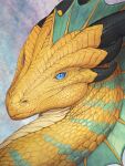 3:4 ambiguous_gender black_horn blue_body blue_eyes blue_frill blue_scales detailed dragon feral frill_(anatomy) glistening glistening_eyes head_crest head_frill hi_res horn khyaber looking_at_viewer mouth_closed neck_frill no_sclera pupils scales scalie simple_background slit_pupils solo striped_neck yellow_body yellow_scales 