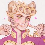  1boy animal_ears blonde_hair cat_ears chakanyuantu giorno_giovanna green_eyes highres index_finger_raised jojo_no_kimyou_na_bouken long_hair looking_at_viewer parted_lips portrait simple_background smile solo star_(symbol) vento_aureo white_background 
