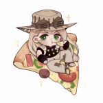  1boy black_shirt blonde_hair chakanyuantu cheese_trail chibi eating food green_eyes gyro_zeppeli highres holding holding_food holding_pizza jojo_no_kimyou_na_bouken long_hair looking_at_viewer pizza shirt short_sleeves simple_background solo steel_ball_run white_background 