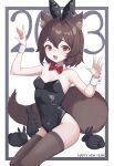  1girl 2023 :d absurdres animal animal_ear_fluff animal_ears armpits arms_up bare_shoulders black_leotard bow bowtie breasts brown_hair brown_thighhighs bunny_pose covered_navel detached_collar ellu fake_animal_ears fox_ears fox_girl fox_tail happy_new_year highleg highleg_leotard highres leotard looking_at_viewer open_mouth original playboy_bunny rabbit rabbit_ears red_eyes short_hair sitting small_breasts smile solo strapless strapless_leotard tail thighhighs thighs wrist_cuffs 