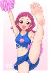  1girl arm_up armpits bangs barefoot blue_panties blue_shirt blue_skirt blunt_bangs border breasts cheering cheerleader collarbone commentary_request crop_top dated eyelashes feet flying_sweatdrops foot_focus gradient_background high_kick highres hinosaki hugtto!_precure kicking leg_up legs looking_at_viewer midriff miniskirt navel nono_hana open_mouth panties pink_background pink_eyes pink_hair pom_pom_(cheerleading) precure revision shirt simple_background skirt sleeveless sleeveless_shirt small_breasts soles solo spread_toes sweat thighs toes underwear upskirt white_border 