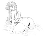  1girl all_fours ass bangs bikini blunt_bangs breasts chi-chi_(dragon_ball) dragon_ball dragon_ball_z funsexydb greyscale hatching_(texture) highres hime_cut large_breasts looking_back monochrome open_mouth smile solo spread_legs swimsuit thighs thong_bikini wading wet 