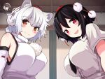  2girls :d animal_ears bangs black_hair black_necktie breasts brown_eyes brown_hair closed_mouth detached_sleeves fangs fuji_norihiro hat himekaidou_hatate indoors inubashiri_momiji large_breasts looking_at_viewer multiple_girls necktie open_mouth pom_pom_(clothes) red_eyes red_headwear ribbon-trimmed_sleeves ribbon_trim shameimaru_aya short_hair short_sleeves smile tokin_hat touhou upper_body white_hair wolf_ears wolf_girl 