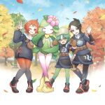  3girls absurdres arezu_(pokemon) bangs black_footwear black_hair black_skirt blush_stickers boots bracelet brown_bag cloud commentary_request cowlick day diamond_clan_outfit falling_leaves green_eyes green_hair green_pantyhose hand_on_hip highres hisuian_lilligant jacket jewelry leaf long_hair long_sleeves looking_at_viewer mai_(pokemon) multiple_girls narusawa_byakuya one_eye_closed outdoors pantyhose pigeon-toed pokemon pokemon_(creature) pokemon_(game) pokemon_legends:_arceus sabi_(pokemon) second-party_source shorts skirt sky smile tree twintails 