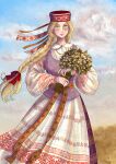  1girl akrn_lumina7 blonde_hair blue_eyes blush bouquet braid cloud dress flower green_eyes hat highres holding jewelry lithuania long_braid long_hair long_sleeves looking_at_viewer original red_ribbon ribbon single_braid sky smile solo standing traditional_clothes traditional_media 
