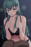  1girl abataa absurdres bikini black_bikini blush breasts brown_thighhighs cleavage collarbone dated feet_out_of_frame green_eyes green_hair hair_between_eyes hair_ornament hairclip highres kantai_collection large_breasts long_hair navel open_mouth signature solo suzuya_(kancolle) swimsuit thighhighs 