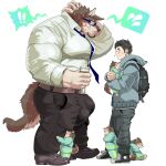  anthro backpack balls_outline belt beverage big_bulge big_muscles big_pecs black_hair bodily_fluids bottomwear brown_body brown_fur bulge canid canine canis chan_kiti_chan_(artist) clothing coffee exclamation_point facial_scar family father father_and_child father_and_son footwear fur genital_outline group hair hand_behind_back hi_res hoodie human human_on_anthro interspecies larger_anthro larger_male male male/male mammal multicolored_body multicolored_fur muscular muscular_anthro muscular_male necktie pants parent parent_and_child pecs penis_outline scar sharp_teeth shoes size_difference smaller_human smaller_male son suit sweat sweatdrop teeth topwear white_body white_fur wolf 