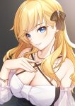  1girl black_background blonde_hair blue_eyes bracelet breasts brown_ribbon cleavage commentary detached_sleeves earrings fingernails gradient_background hair_ribbon highres idolmaster idolmaster_cinderella_girls jewelry large_breasts long_hair looking_at_viewer mikapoe necklace ohtsuki_yui parted_lips ribbon smile solo upper_body white_sleeves 